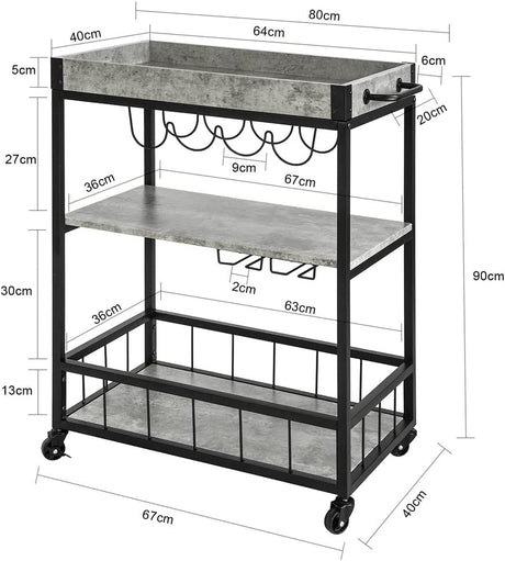 Rustic Industrial 3-Tier Kitchen Trolley with Wine Storage and Glass Rack (Grey)