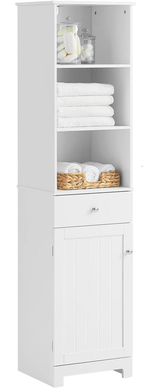 Modern White Tall Storage Cabinet with 3 Shelves and Drawer