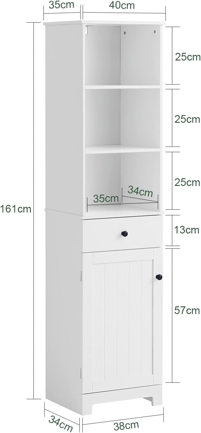 Modern White Tall Storage Cabinet with 3 Shelves and Drawer