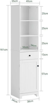 Modern White Tall Storage Cabinet with 3 Shelves and Drawer