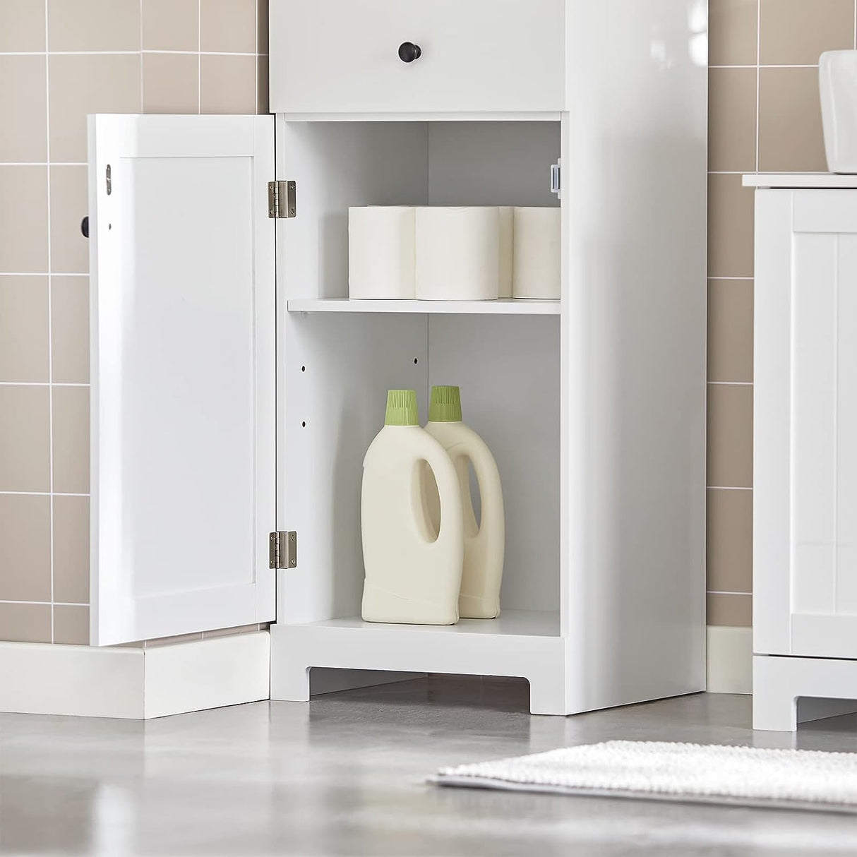 Modern White Tall Storage Cabinet with 3 Shelves and Drawer