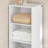 Modern White Tall Storage Cabinet with 3 Shelves and Drawer