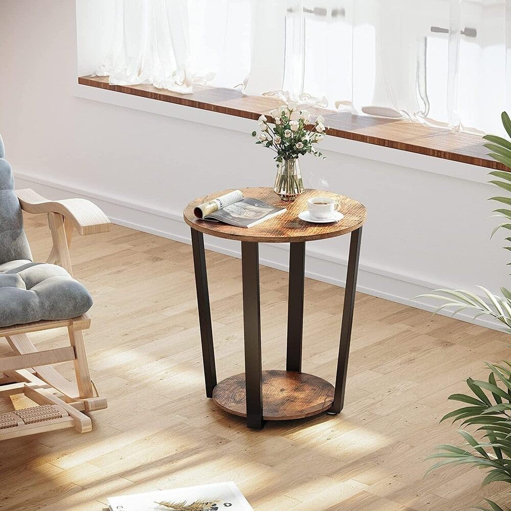 Rustic Industrial Round Coffee Table with Storage