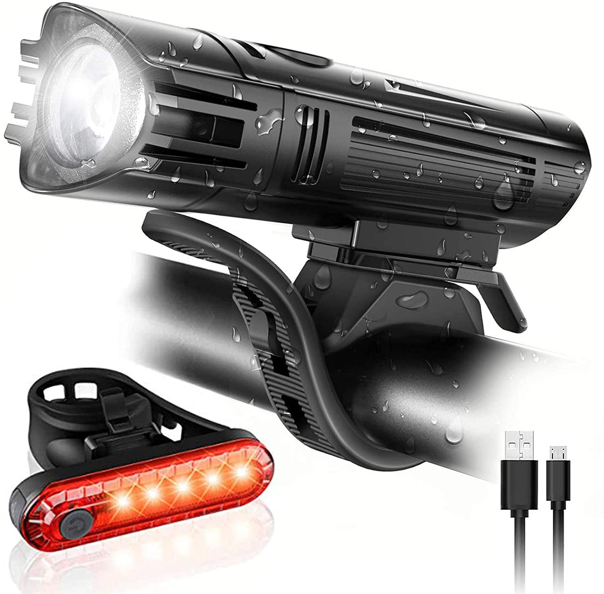 All-Weather Rechargeable LED Bicycle Light Set (1800mAh Battery, IPX4, 2 USB Cables)