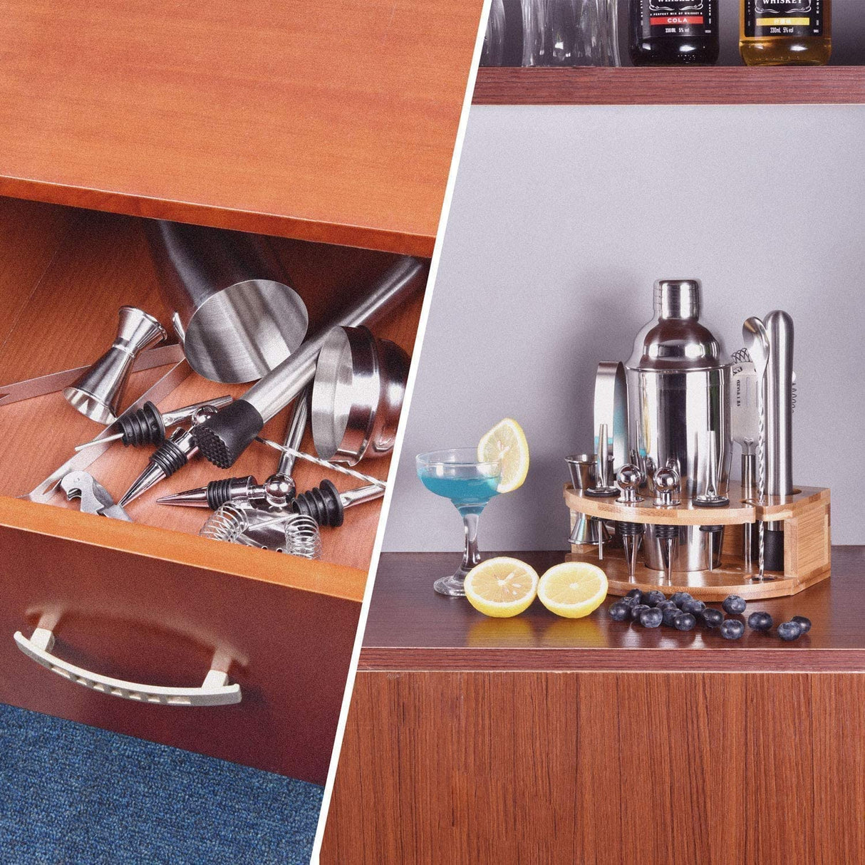 Premium 12-Piece Stainless Steel Cocktail Shaker Set with Bamboo Storage Rack