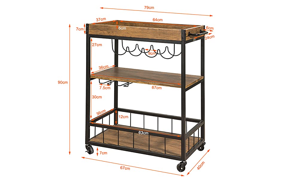 Vintage Industrial 3-Tier Wooden and Metal Kitchen Trolley with Wine Rack (Brown)