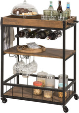 Vintage Industrial 3-Tier Wooden and Metal Kitchen Trolley with Wine Rack (Brown)