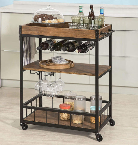 Vintage Industrial 3-Tier Wooden and Metal Kitchen Trolley with Wine Rack (Brown)