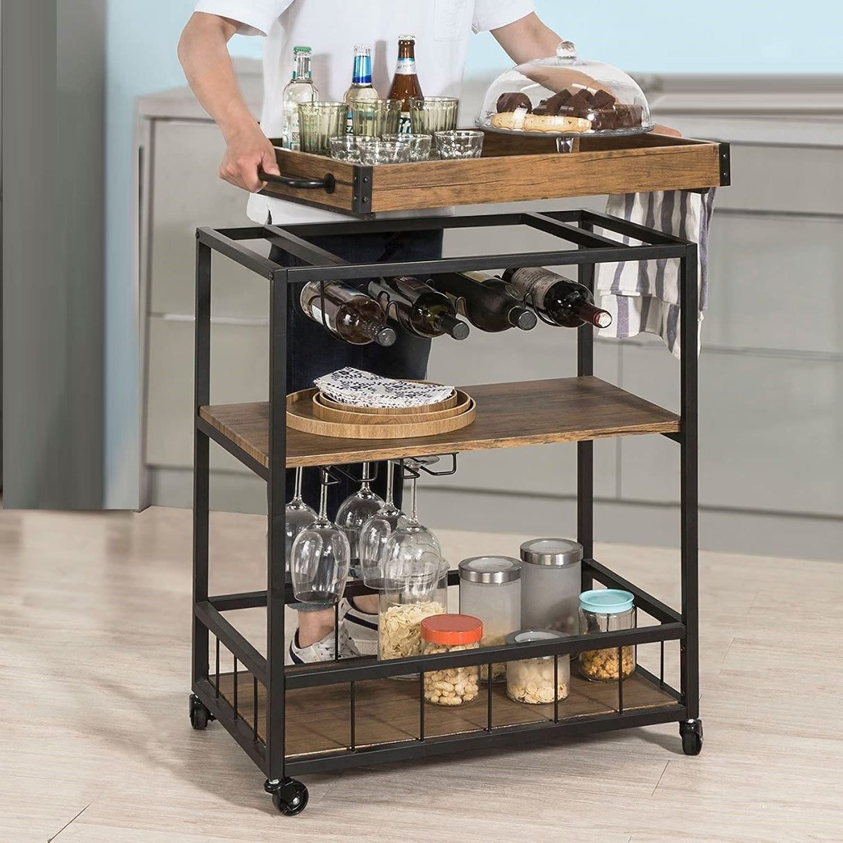 Vintage Industrial 3-Tier Wooden and Metal Kitchen Trolley with Wine Rack (Brown)