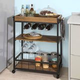 Vintage Industrial 3-Tier Wooden and Metal Kitchen Trolley with Wine Rack (Brown)