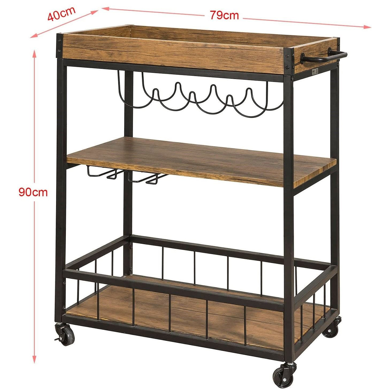 Vintage Industrial 3-Tier Wooden and Metal Kitchen Trolley with Wine Rack (Brown)