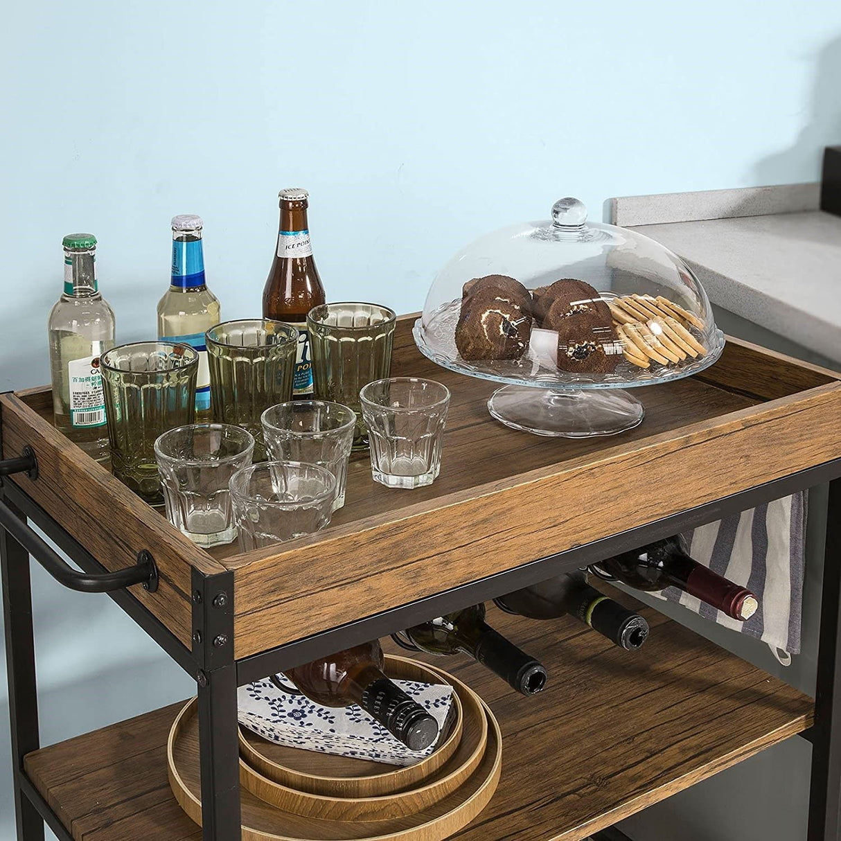 Vintage Industrial 3-Tier Wooden and Metal Kitchen Trolley with Wine Rack (Brown)