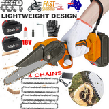 6" Mini Orange Cordless Electric Chainsaw 2X Battery-Powered Wood Cutter Rechargeable