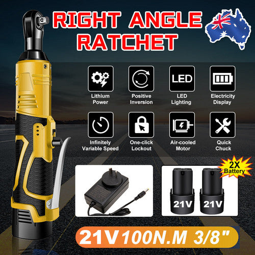 21V 3/8'' 100N.m Electric Right Angle Ratchet Wrench Charger+ 2 Battery