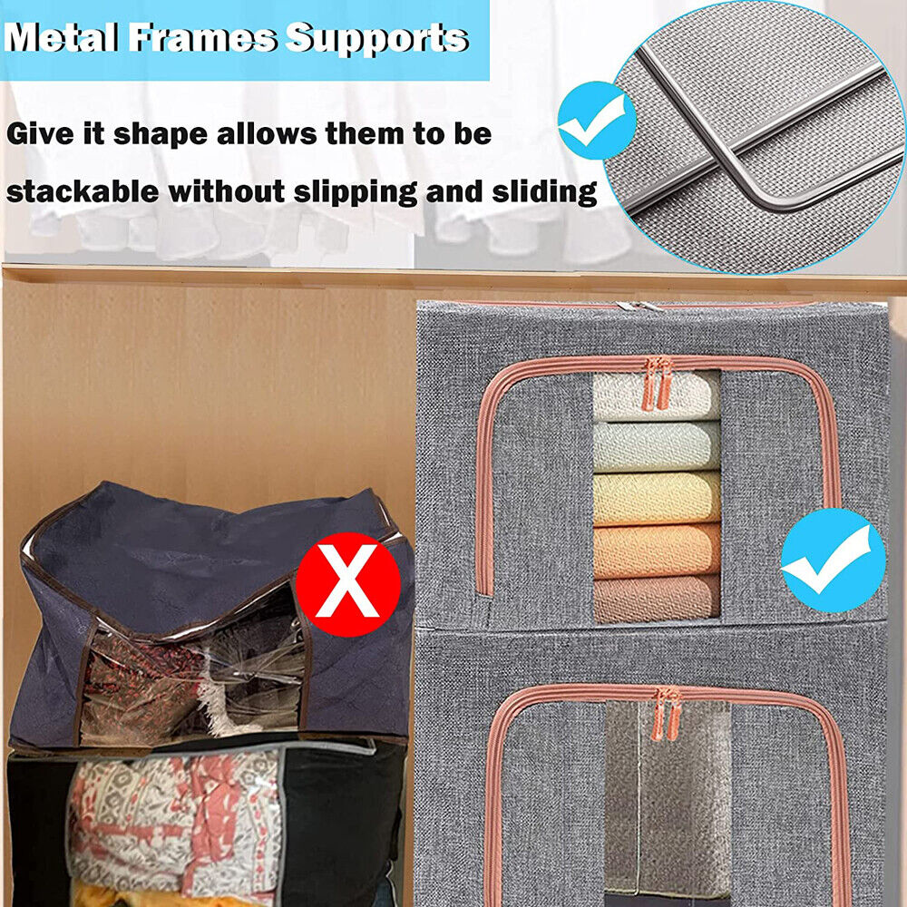 Foldable Storage Box Crushed Steel Frame Clothes Quilt Toys Organizer 100L Random color