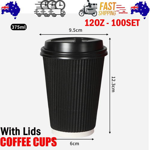 Black Disposable Coffee Cups with Lids Healthy Paper Takeaway 12OZ Takeaway 100Set