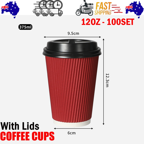 Red Disposable Coffee Cups with Lids Healthy Paper Takeaway 12OZ Takeaway 100Set