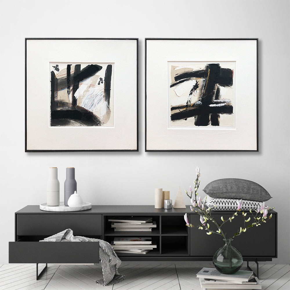 Contemplative Space: Set of 2 Large Original Abstract Framed Canvas Oil Paintings (1000mm x 1000mm)