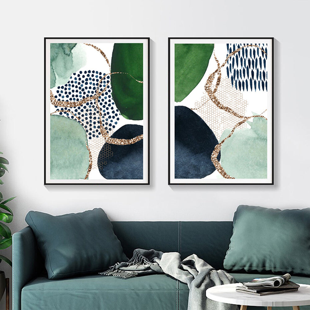 Abstract Green and Navy Wall Art Set - 70cm x 100cm Canvas Prints with Black Frame