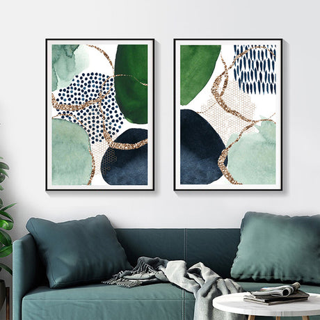 Abstract Green and Navy Wall Art Set - 70cm x 100cm Canvas Prints with Black Frame