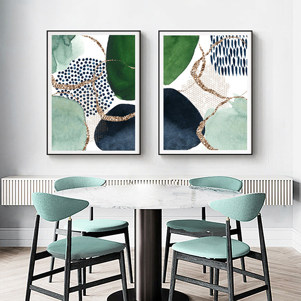 Abstract Green and Navy Wall Art Set - 70cm x 100cm Canvas Prints with Black Frame