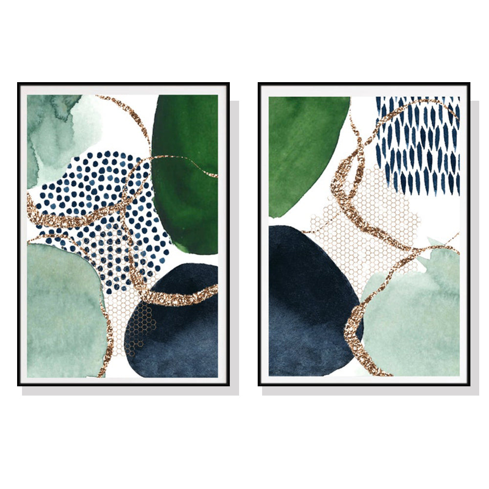 Abstract Canvas Wall Art Set - 80cm x 120cm Green and Navy with Black Frame