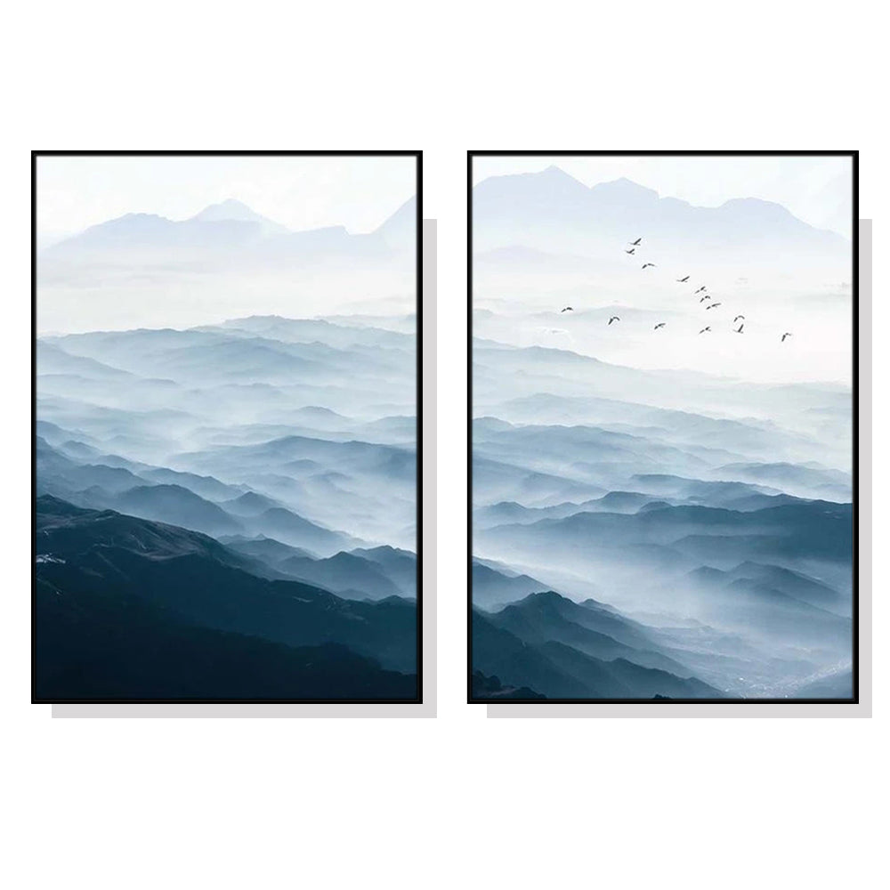 Framed Canvas Art Set: Majestic Blue Mountains - 90cm x 135cm Black Frame