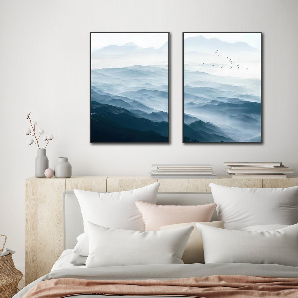 Framed Canvas Art Set: Majestic Blue Mountains - 90cm x 135cm Black Frame