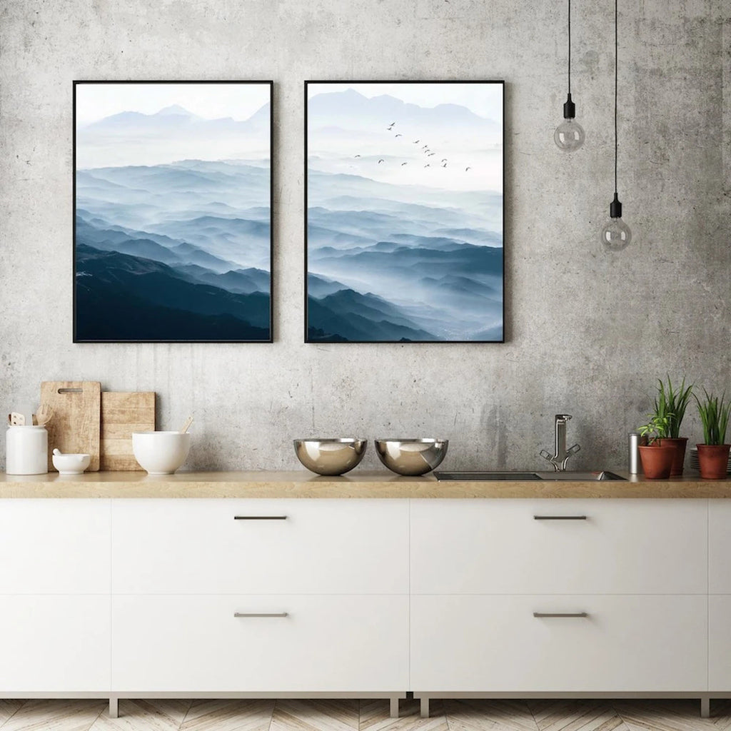 Framed Canvas Art Set: Majestic Blue Mountains - 90cm x 135cm Black Frame