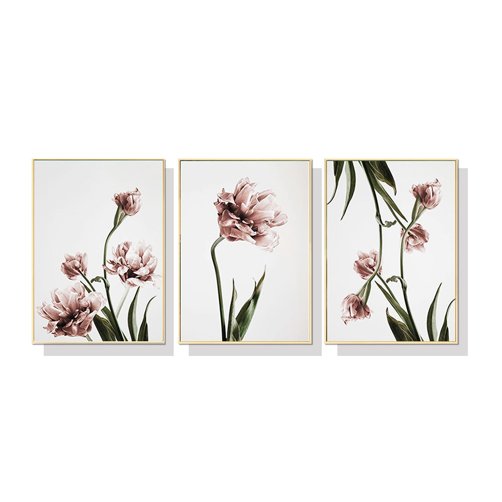 Golden Framed Tulip Flower Canvas Set - 70cm x 100cm Wall Art (3 Pieces)