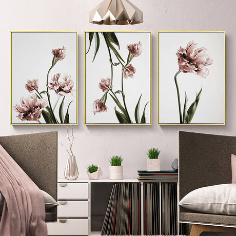 Golden Framed Tulip Flower Canvas Set - 70cm x 100cm Wall Art (3 Pieces)