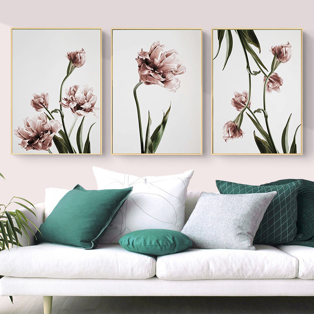 Golden Framed Tulip Flower Canvas Set - 70cm x 100cm Wall Art (3 Pieces)