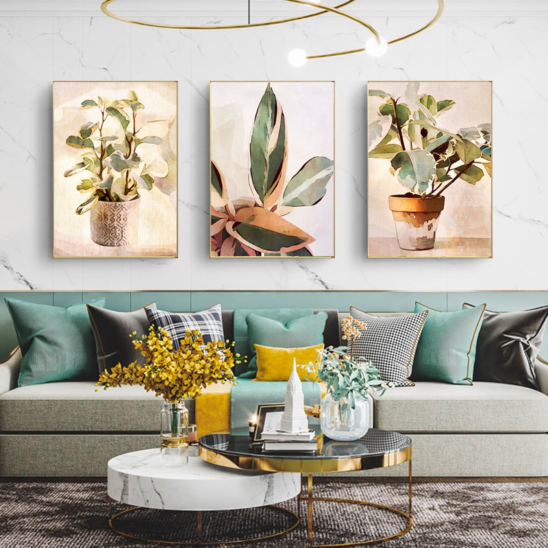 Botanical Leaves Watercolor Canvas Art Set - 70cm x 100cm with Gold Frame - 3 Piece Collection