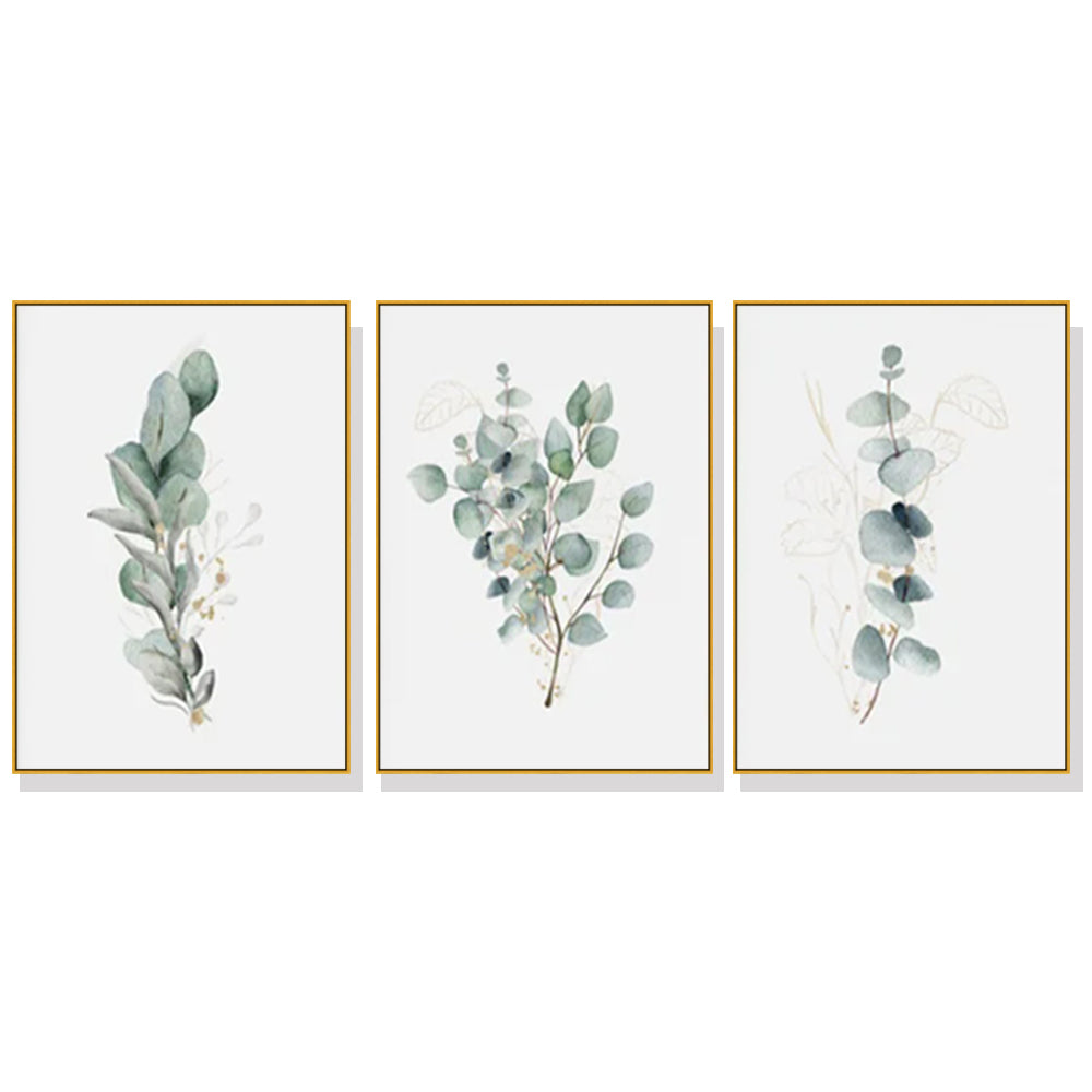 Eucalyptus Elegance: 80cmx120cm Gold Framed Canvas Art Set of 3