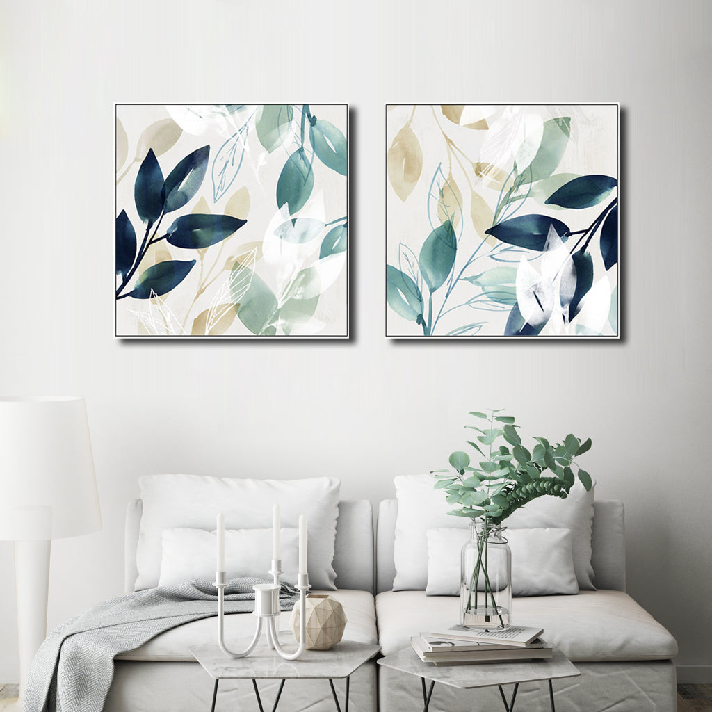 Elegant Watercolour Leaf Canvas Art Set - 80cm x 80cm with White Floating Frame