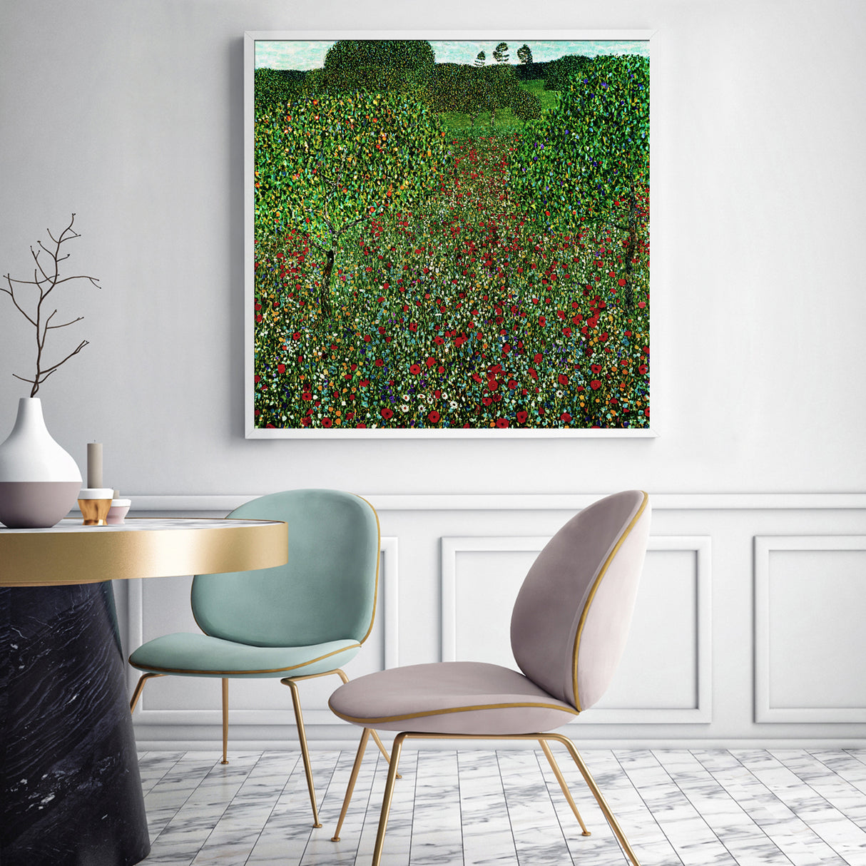 Gustav Klimt's Vibrant Poppy Field Canvas Art - 90cmx90cm with Elegant White Frame