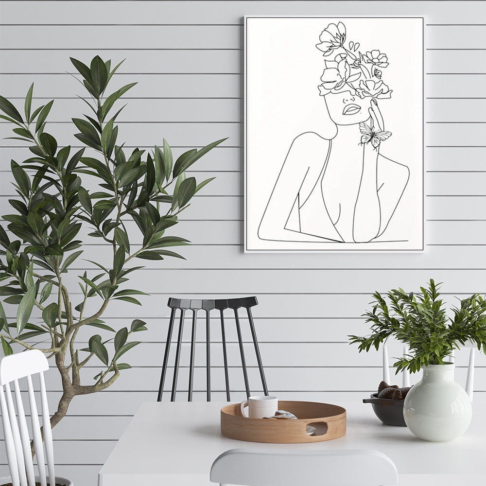 Framed Canvas Print of Line Art Girl - 80cm x 120cm White Frame