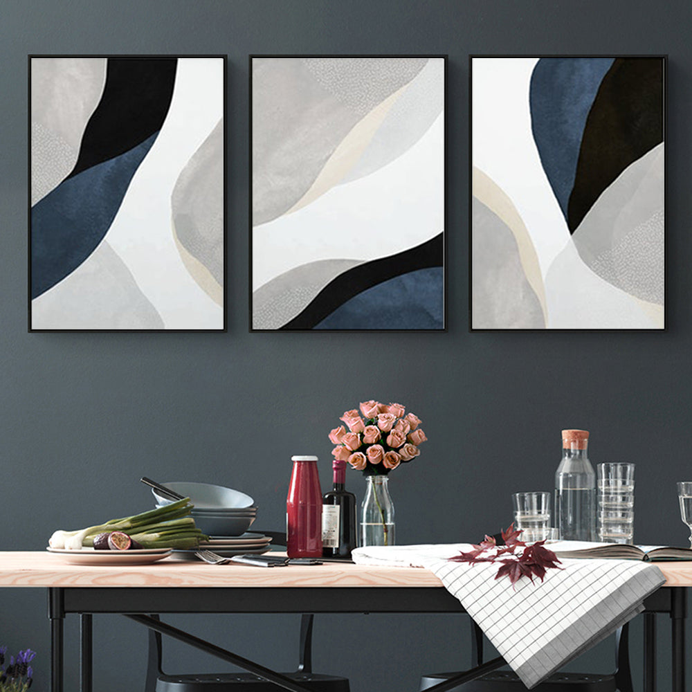 Abstract Navy Blue Canvas Wall Art Set - 3 Pieces with Black Frame (70x100cm)