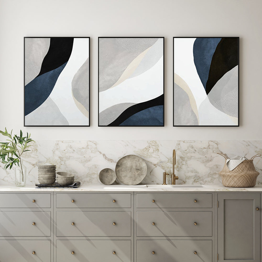 Abstract Navy Blue Canvas Wall Art Set - 3 Pieces with Black Frame (70x100cm)