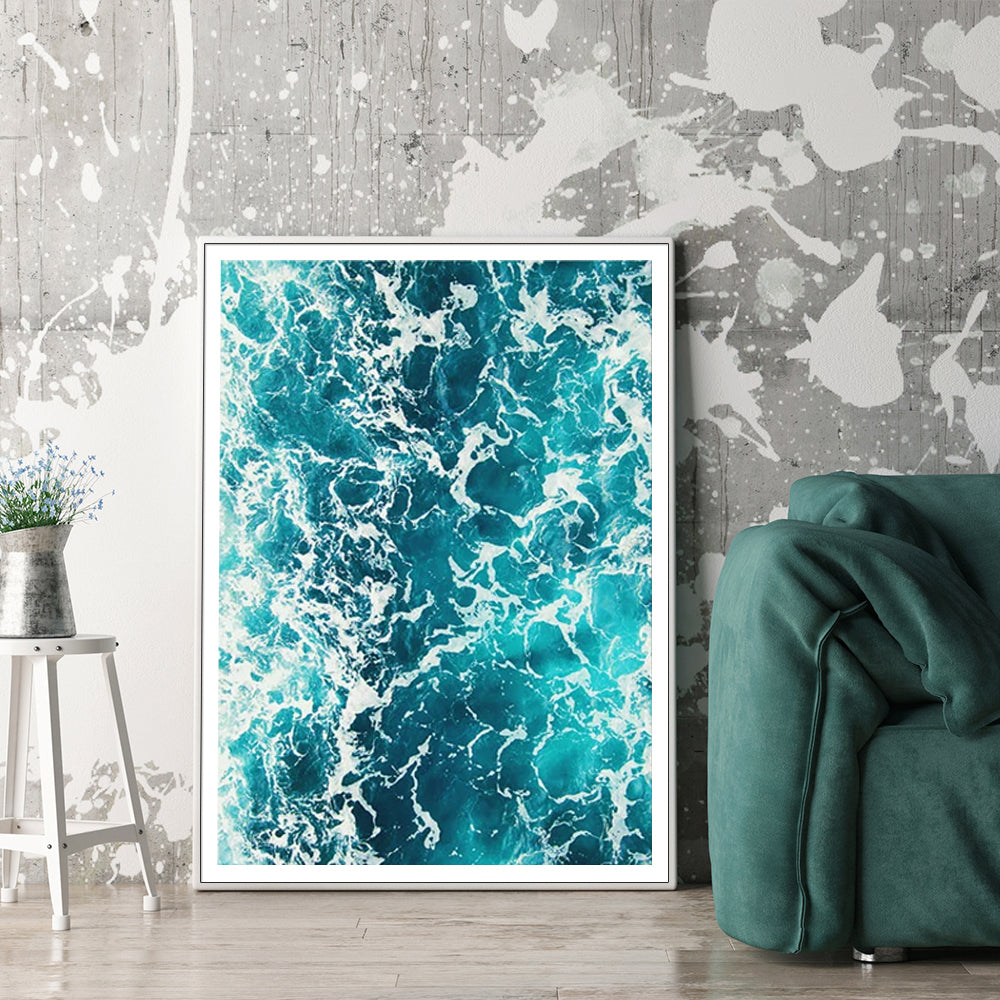 Coastal Serenity: 100cm x 150cm Blue Ocean Canvas Art with Elegant White Frame