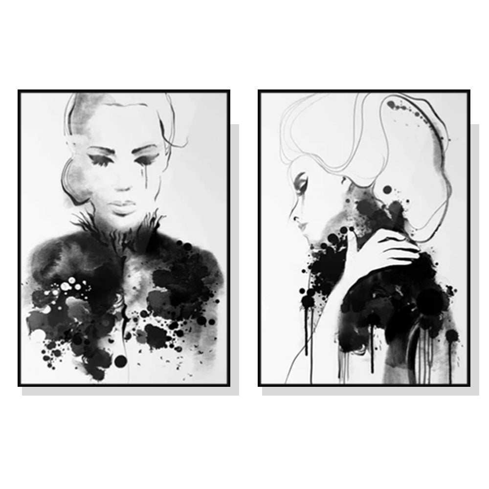 Framed Watercolor Canvas Prints Set of 2 - 40cm x 60cm Black Frame Artwork