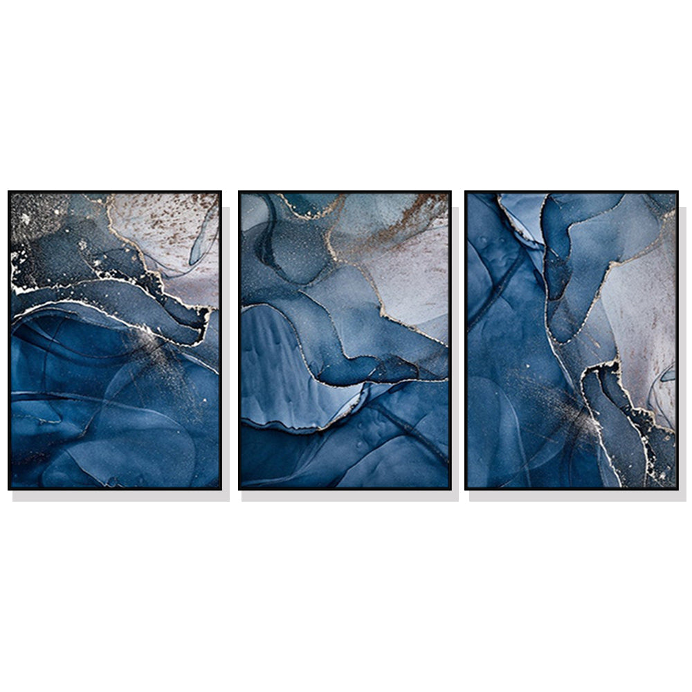 Elegant Blue and Gold Marble Wall Art Set - 3 Framed Canvas Prints (70cm x 100cm)