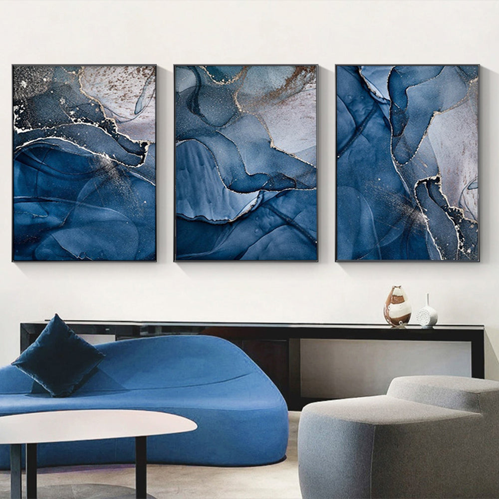 Elegant Blue and Gold Marble Wall Art Set - 3 Framed Canvas Prints (70cm x 100cm)