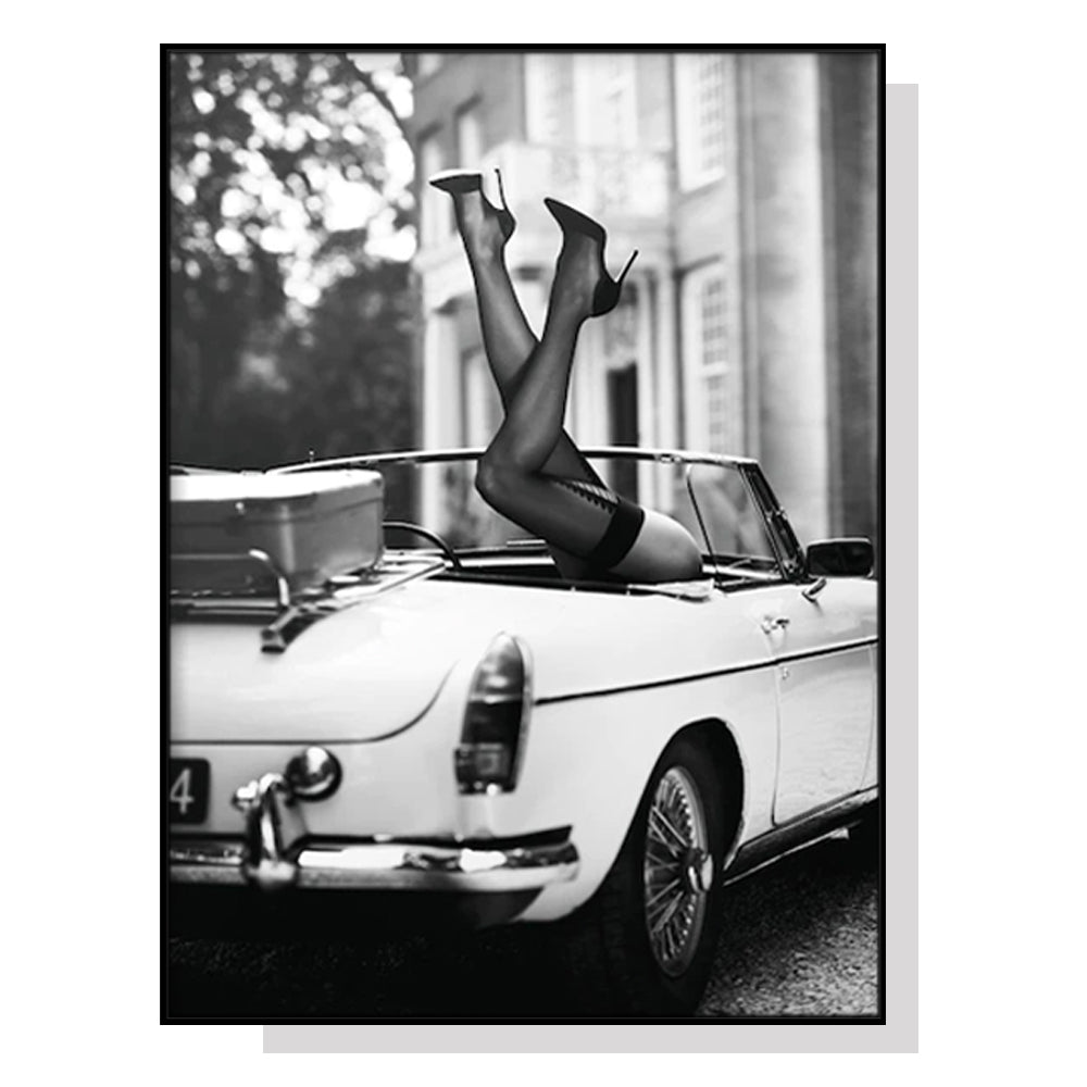 Classic Car High Heels Canvas Wall Art - 90cm x 135cm in Black Frame