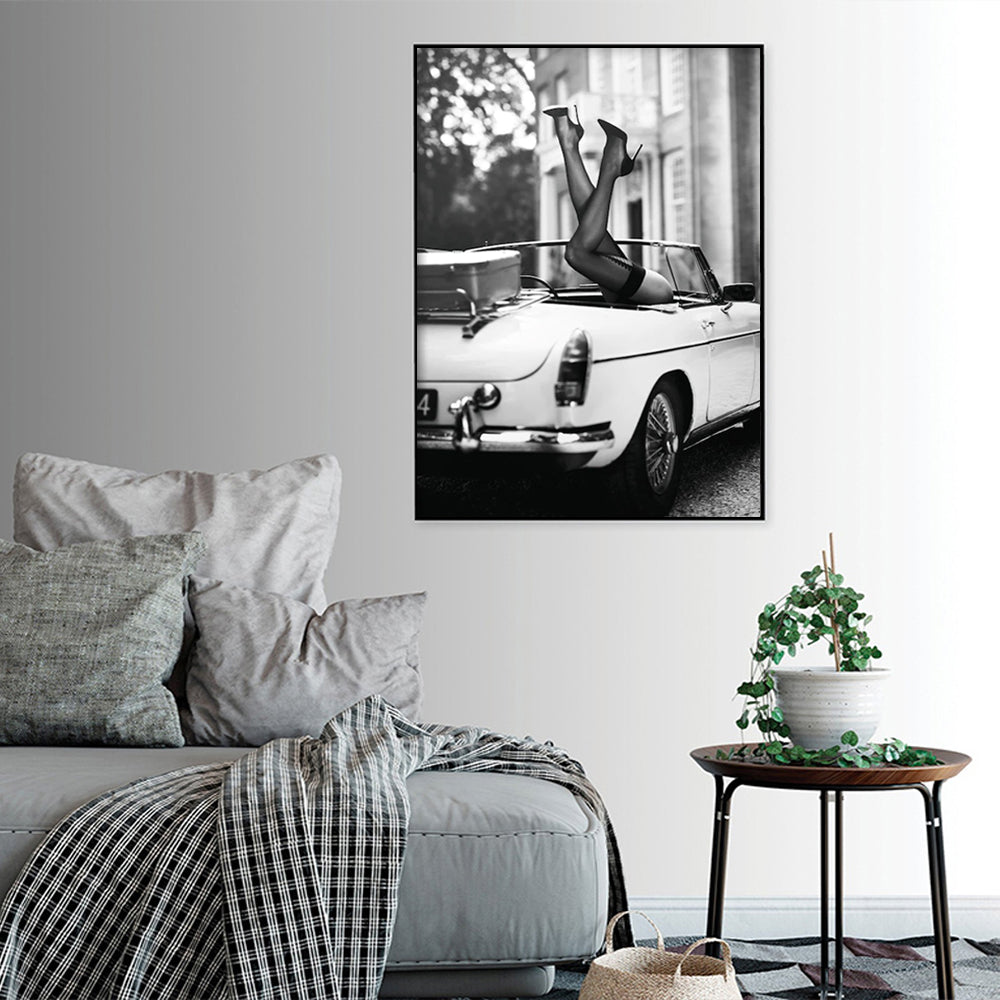 Classic Car High Heels Canvas Wall Art - 90cm x 135cm in Black Frame