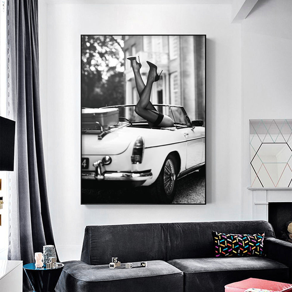 Elegant Canvas Wall Art: High Heels in Classic Car - 100cm x 150cm Framed Print