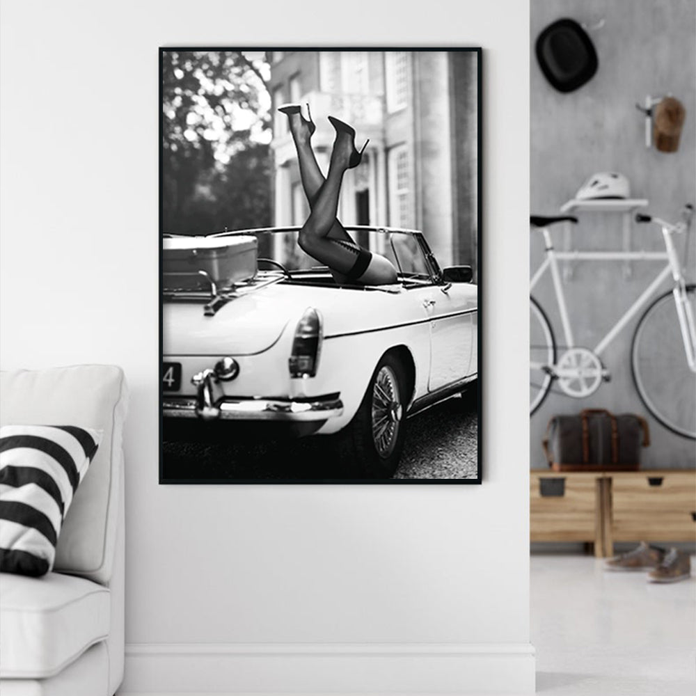 Elegant Canvas Wall Art: High Heels in Classic Car - 100cm x 150cm Framed Print