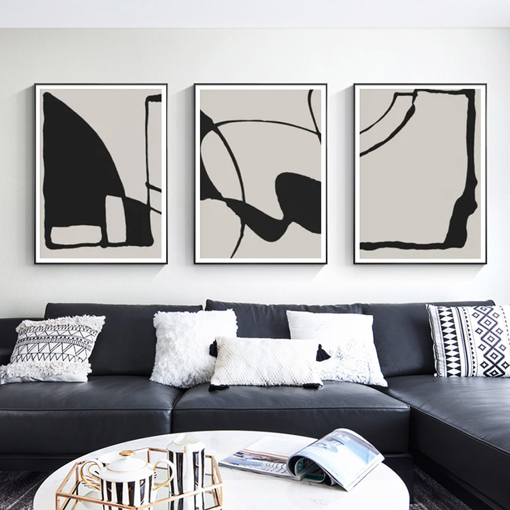 Framed Canvas Wall Art Set - 3 Pieces, 70cm x 100cm, Black and Beige Design