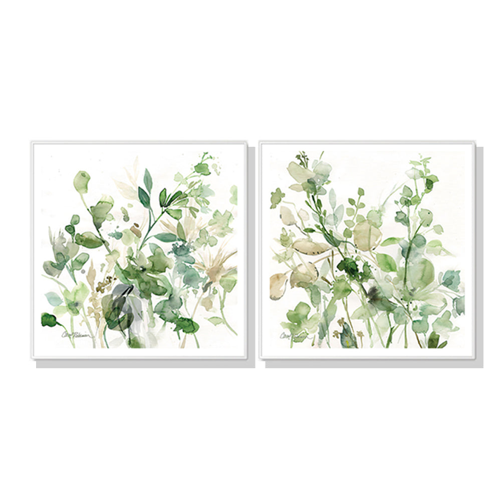 Sage Garden Canvas Wall Art by Carol Robinson - 100cm x 100cm, White Frame, Set of 2