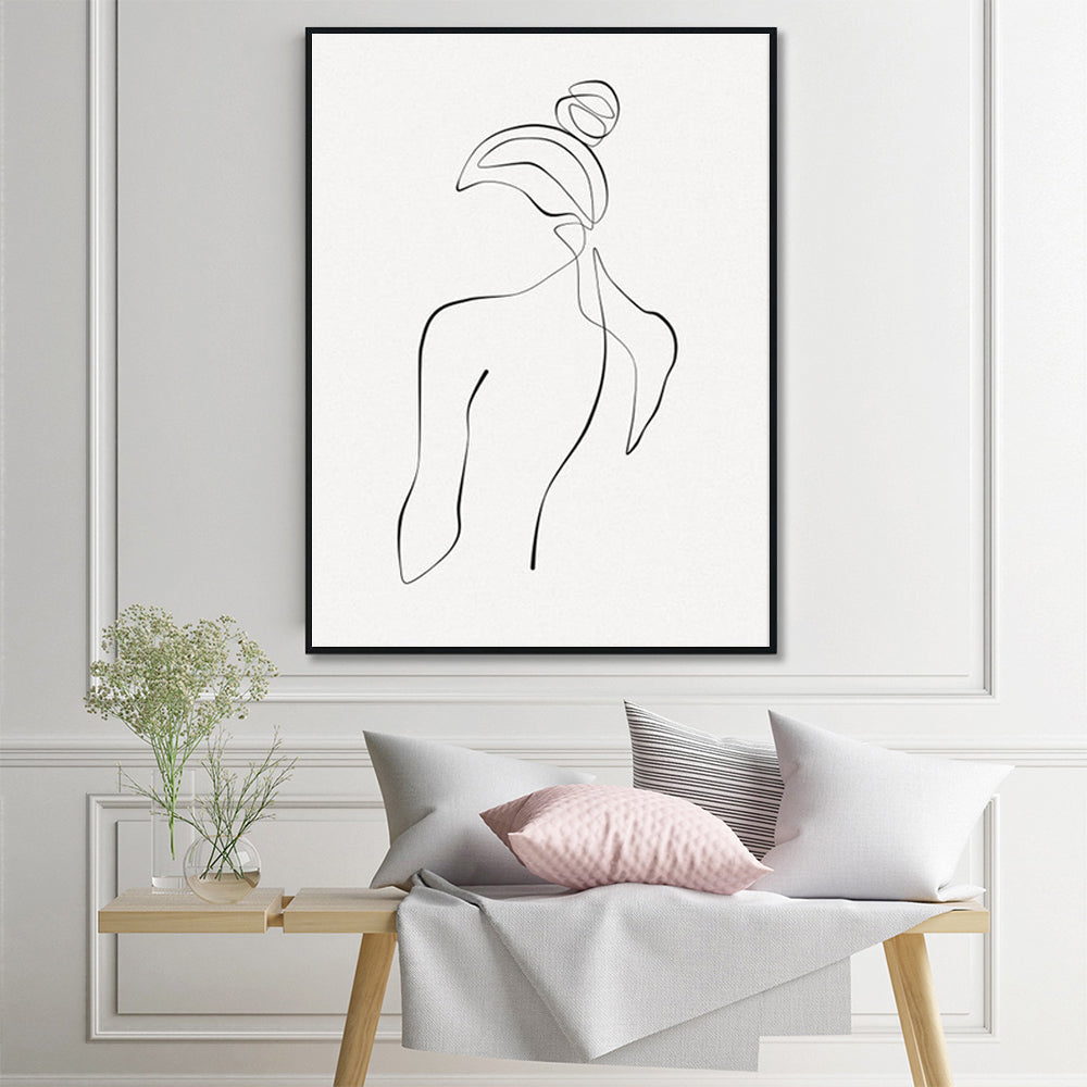 Elegant Woman Back Line Art Canvas in Black Frame - 90cm x 135cm